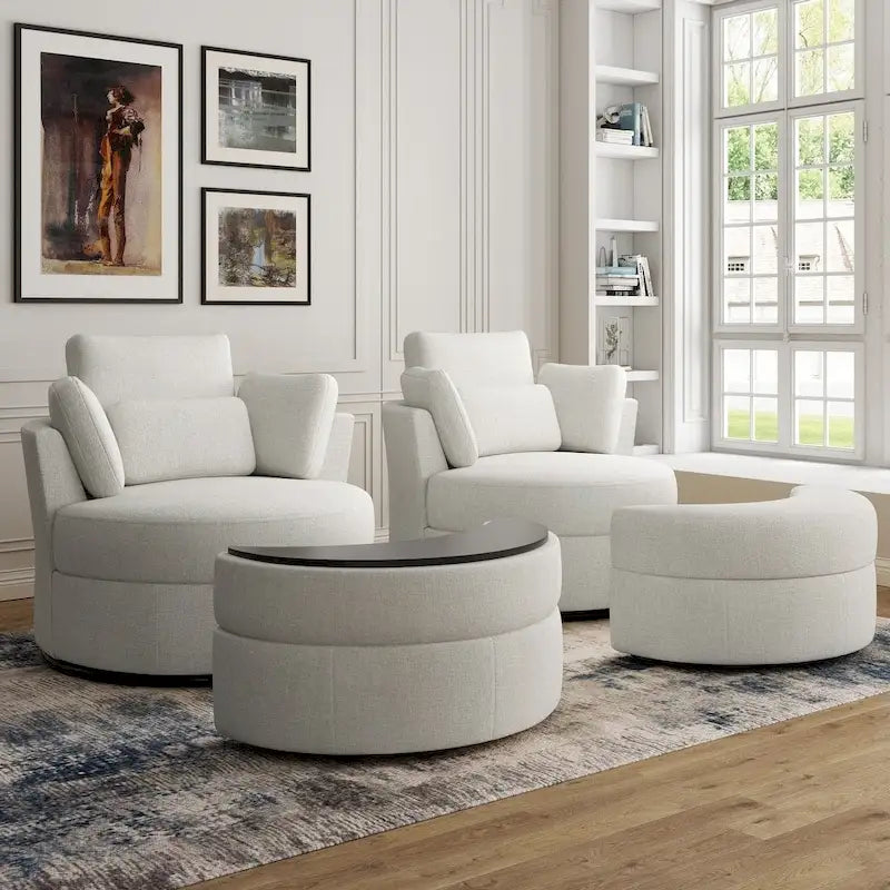 Upholstered Swivel Barrel Armchair with Storage Ottoman (Set of 2)