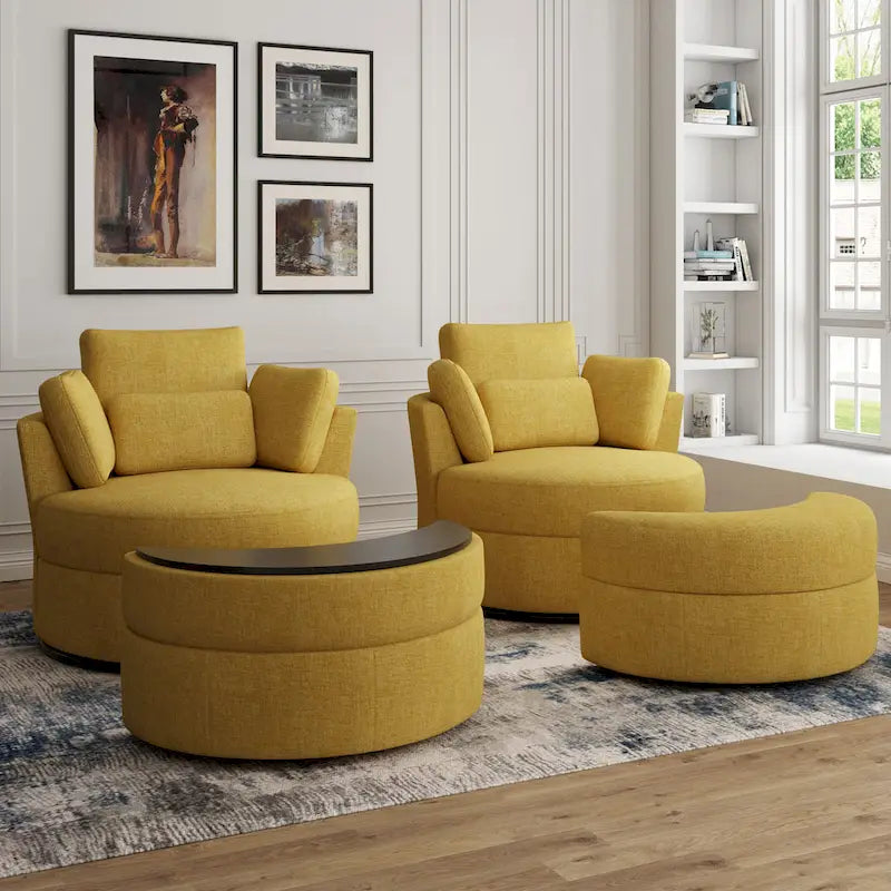 Upholstered Swivel Barrel Armchair with Storage Ottoman (Set of 2)