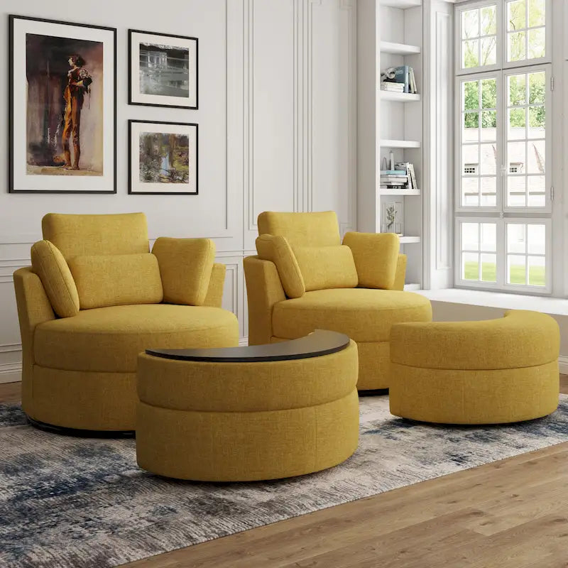 Upholstered Swivel Barrel Armchair with Storage Ottoman (Set of 2)