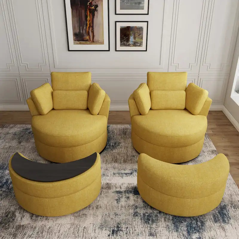 Upholstered Swivel Barrel Armchair with Storage Ottoman (Set of 2)