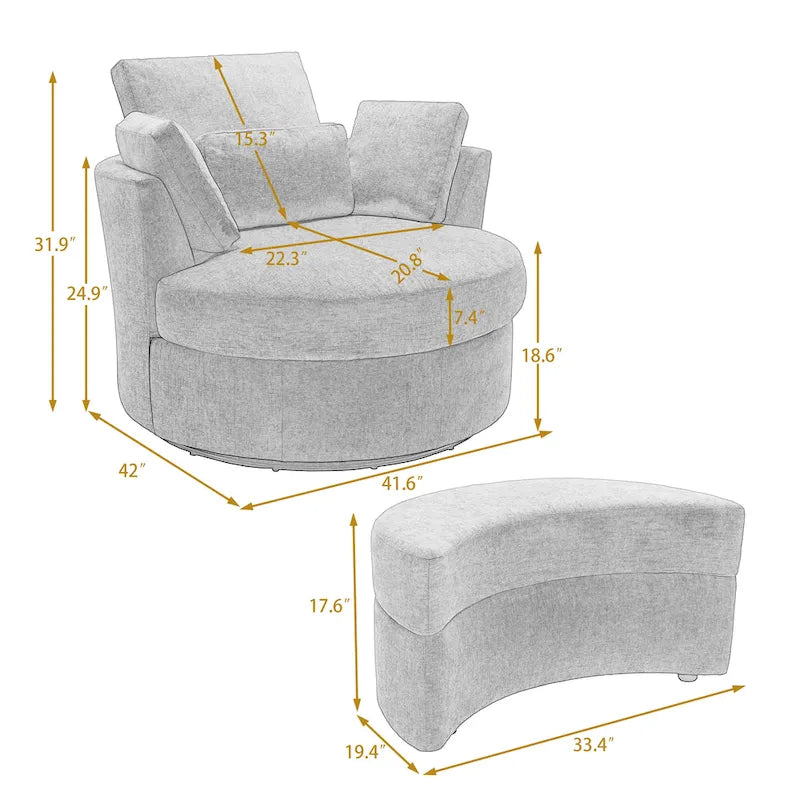 Upholstered Swivel Barrel Armchair with Storage Ottoman (Set of 2)