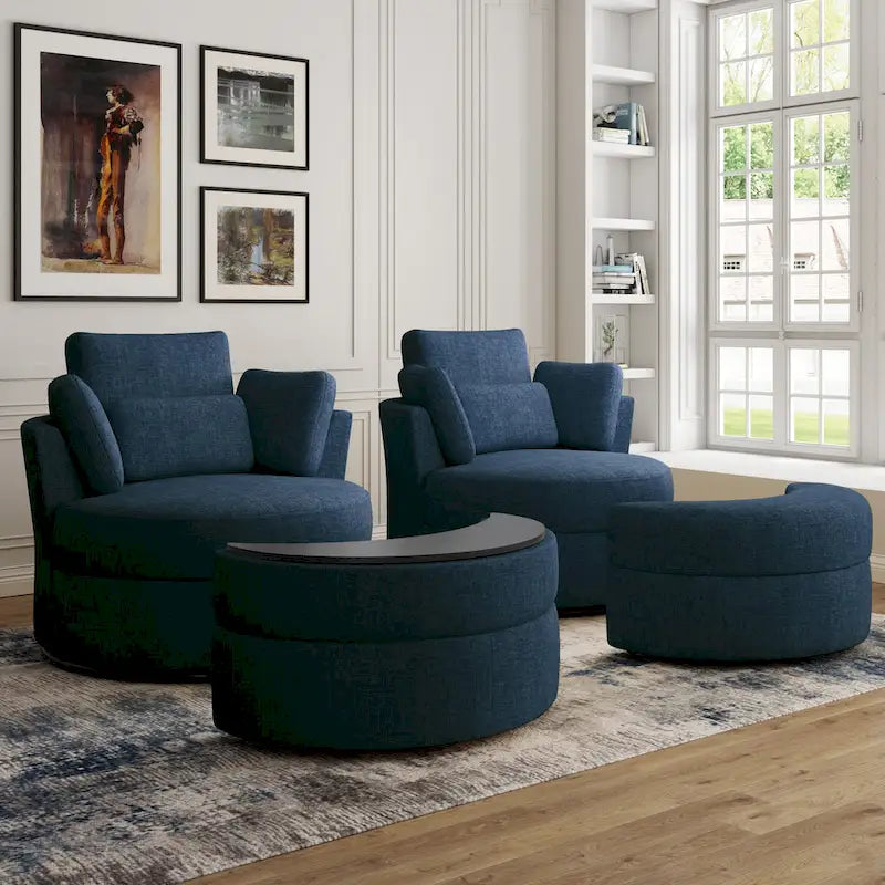 Upholstered Swivel Barrel Armchair with Storage Ottoman (Set of 2)