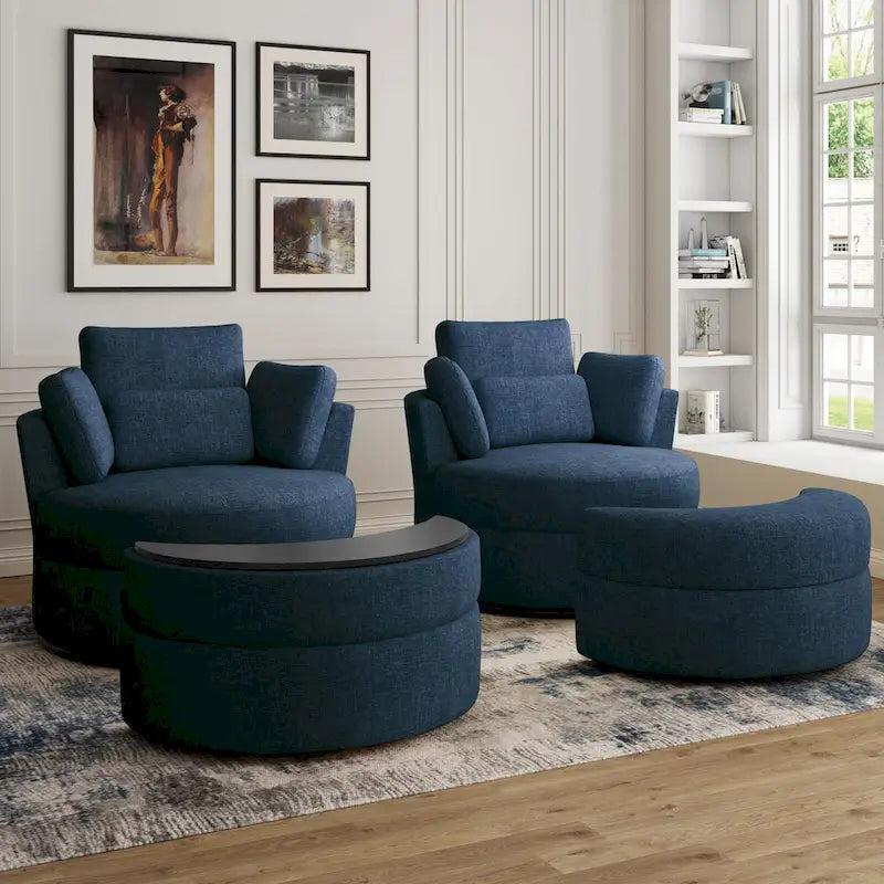 Upholstered Swivel Barrel Armchair with Storage Ottoman (Set of 2)