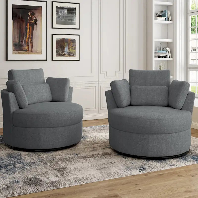 Upholstered Swivel Barrel Armchair with Storage Ottoman (Set of 2)
