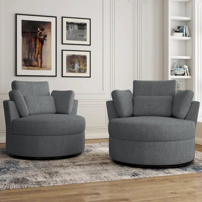 Upholstered Swivel Barrel Armchair with Storage Ottoman (Set of 2)