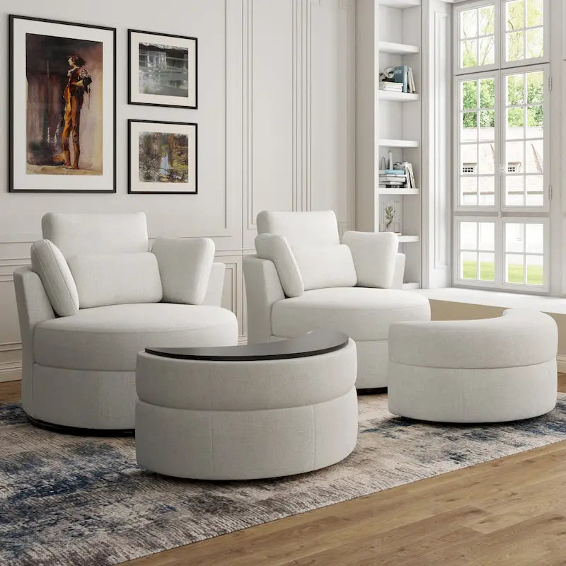 Upholstered Swivel Barrel Armchair with Storage Ottoman (Set of 2)