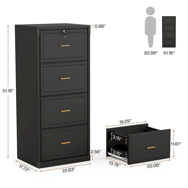 4-Drawer File Cabinet with Lock for A4/Letter/Legal Size Files