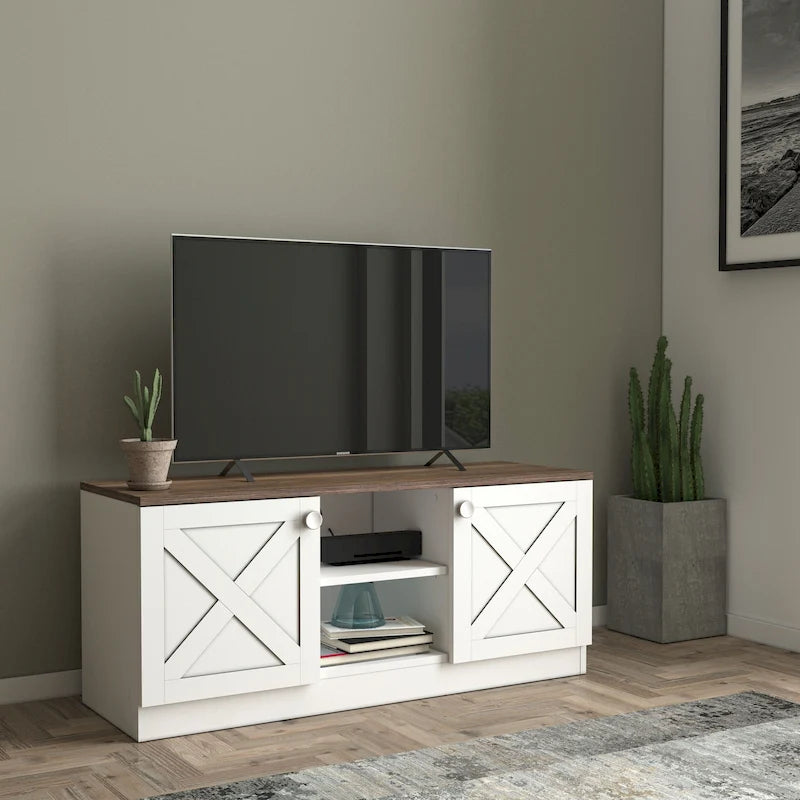 Conte Modern TV Stand with 2 Doors Storage Cabinets, Wood Finish, Living Room Entertainment Center