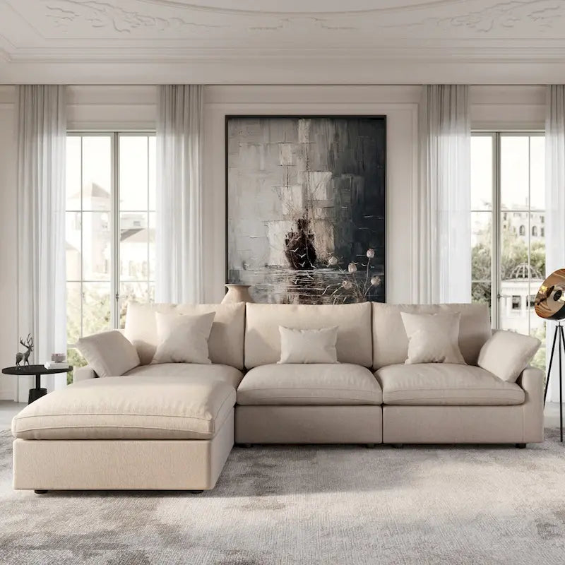 Modular Sectional Sofa Cloud Couch with Ottoman, L Shaped Linen Blend Fabric Minimalist Sectional Sofa for Living Room, Khaki