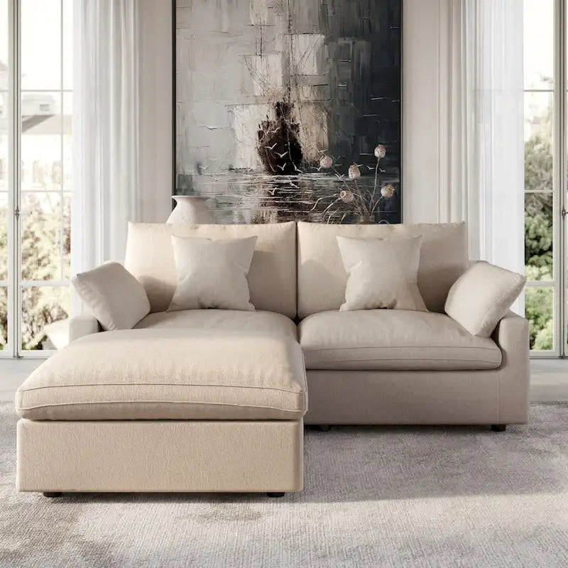 Modular Sectional Sofa Cloud Couch with Ottoman, L Shaped Linen Blend Fabric Minimalist Sectional Sofa for Living Room, Khaki