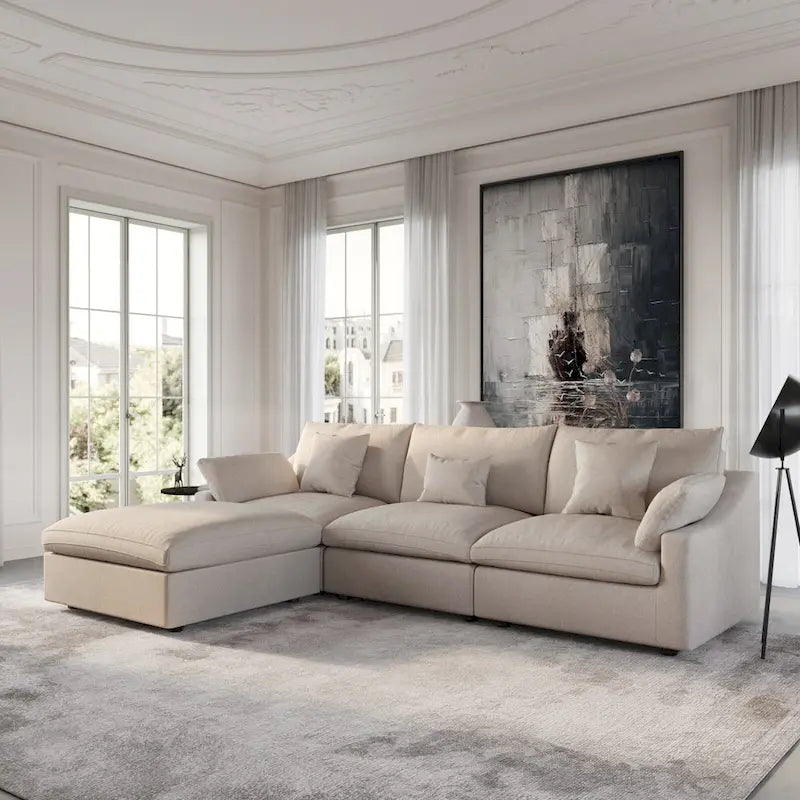 Modular Sectional Sofa Cloud Couch with Ottoman, L Shaped Linen Blend Fabric Minimalist Sectional Sofa for Living Room, Khaki