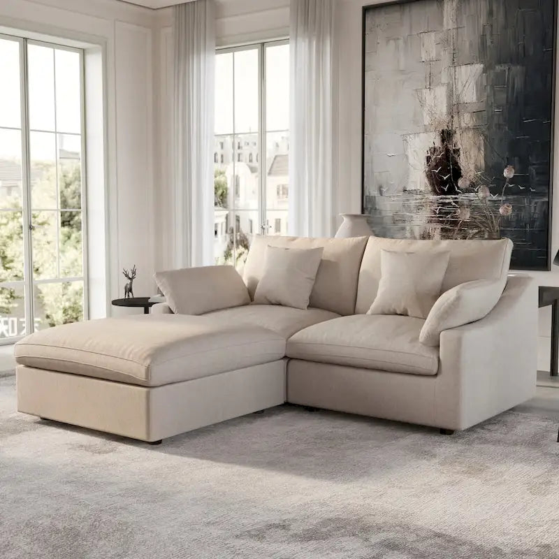 Modular Sectional Sofa Cloud Couch with Ottoman, L Shaped Linen Blend Fabric Minimalist Sectional Sofa for Living Room, Khaki