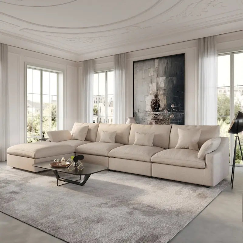 Modular Sectional Sofa Cloud Couch with Ottoman, L Shaped Linen Blend Fabric Minimalist Sectional Sofa for Living Room, Khaki