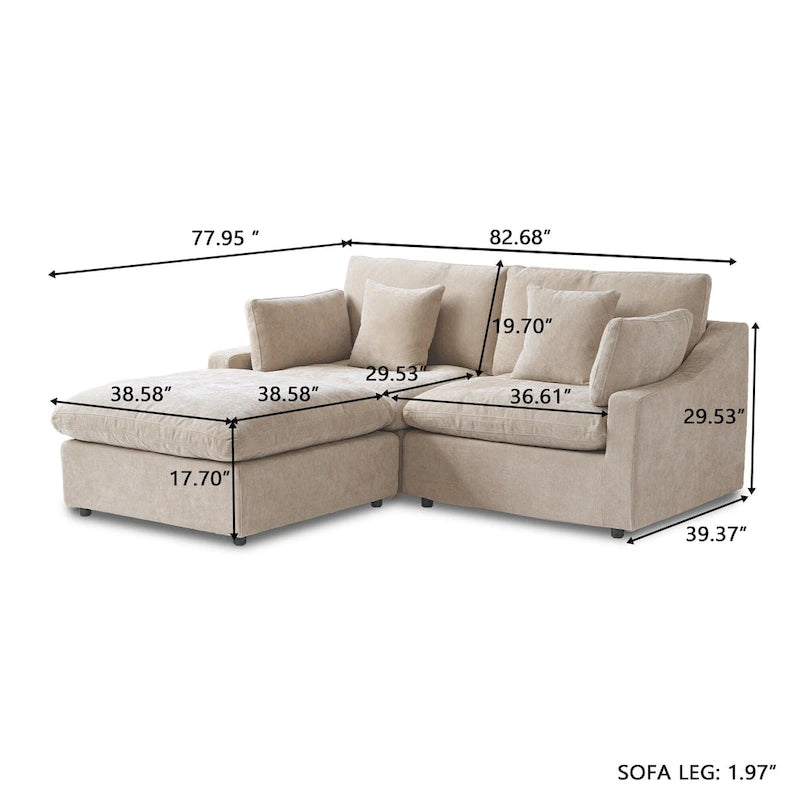 Modular Sectional Sofa Cloud Couch with Ottoman, L Shaped Linen Blend Fabric Minimalist Sectional Sofa for Living Room, Khaki