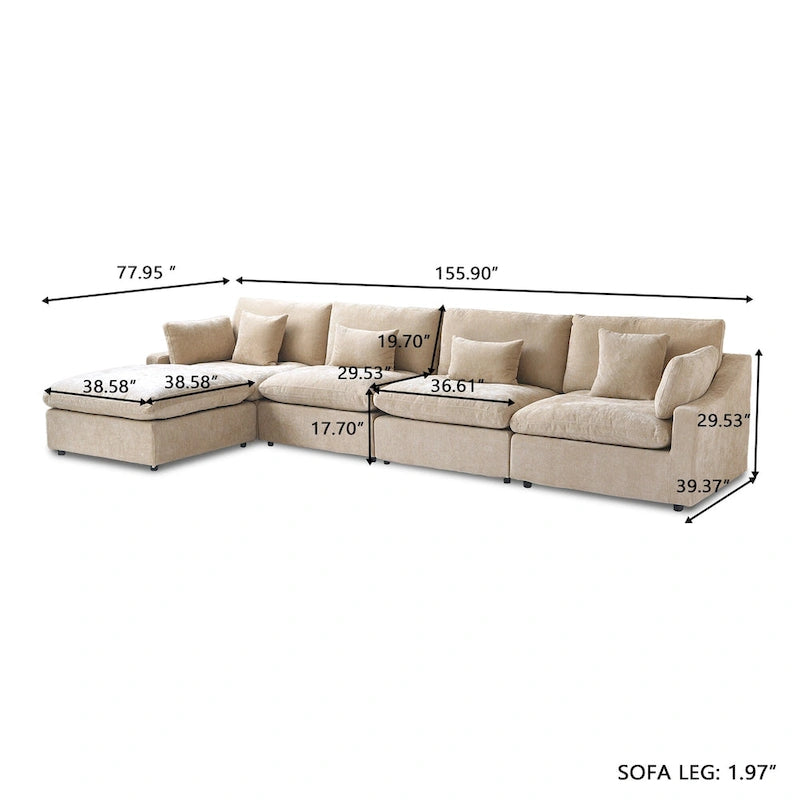 Modular Sectional Sofa Cloud Couch with Ottoman, L Shaped Linen Blend Fabric Minimalist Sectional Sofa for Living Room, Khaki