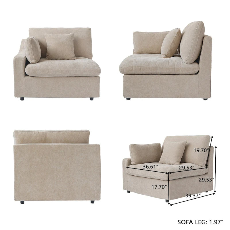 Modular Sectional Sofa Cloud Couch with Ottoman, L Shaped Linen Blend Fabric Minimalist Sectional Sofa for Living Room, Khaki