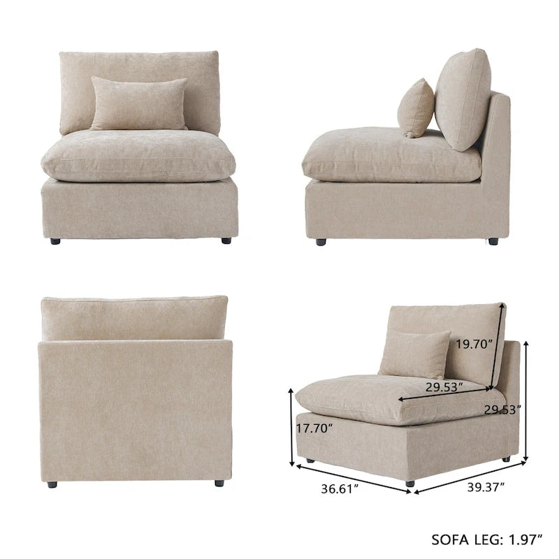 Modular Sectional Sofa Cloud Couch with Ottoman, L Shaped Linen Blend Fabric Minimalist Sectional Sofa for Living Room, Khaki