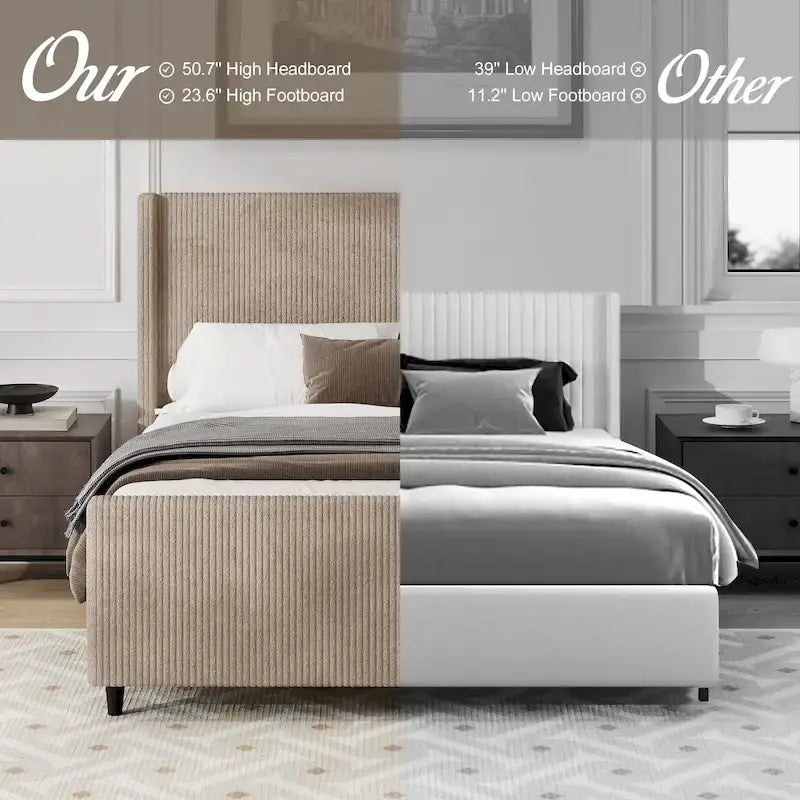 Corduroy Upholstered Bed Wingback Frame with Vertical Stripe Headboard, Footboard, Low-Profile Platform Bed, Sleigh Panel Bed
