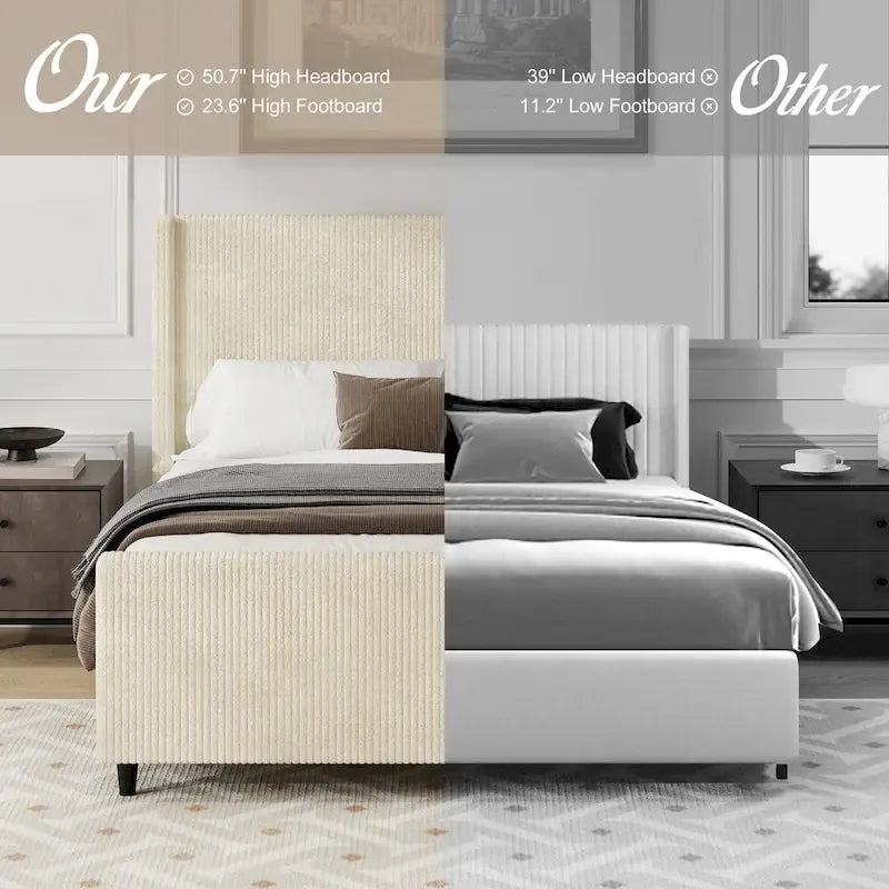 Corduroy Upholstered Bed Wingback Frame with Vertical Stripe Headboard, Footboard, Low-Profile Platform Bed, Sleigh Panel Bed
