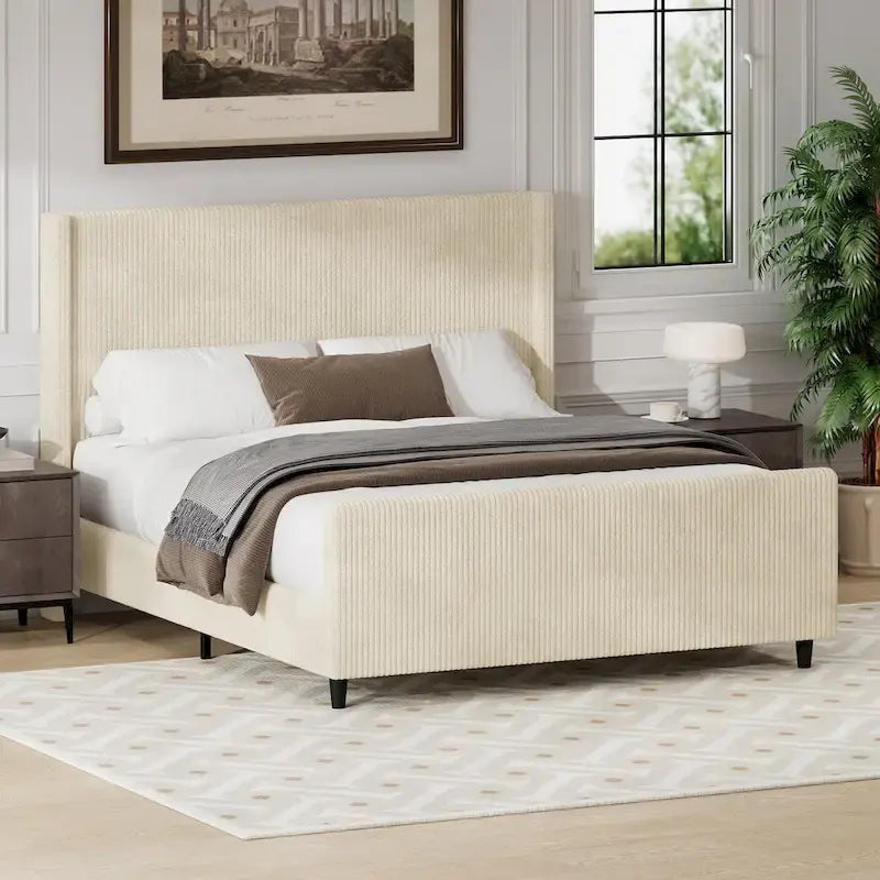 Corduroy Upholstered Bed Wingback Frame with Vertical Stripe Headboard, Footboard, Low-Profile Platform Bed, Sleigh Panel Bed
