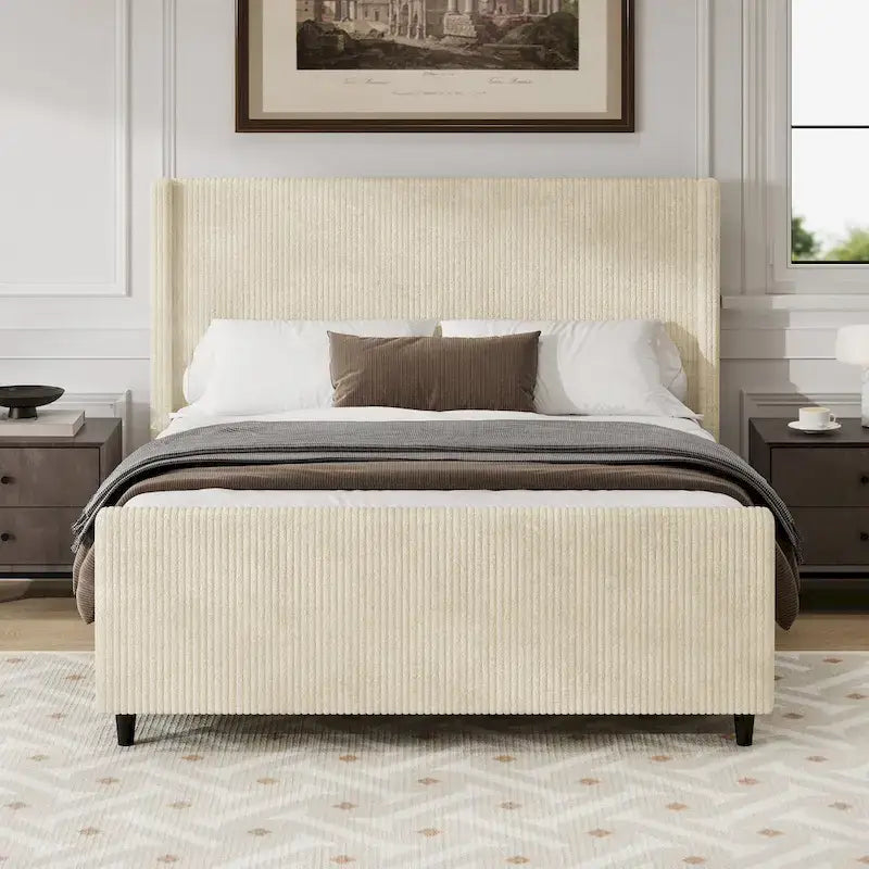 Corduroy Upholstered Bed Wingback Frame with Vertical Stripe Headboard, Footboard, Low-Profile Platform Bed, Sleigh Panel Bed