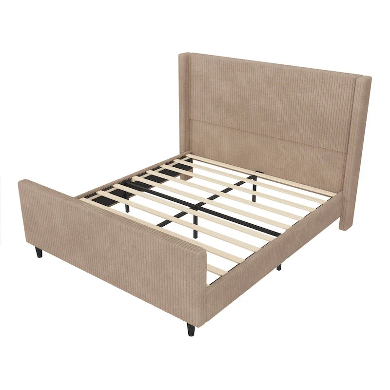 Corduroy Upholstered Bed Wingback Frame with Vertical Stripe Headboard, Footboard, Low-Profile Platform Bed, Sleigh Panel Bed