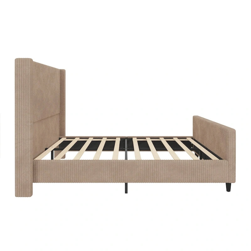 Corduroy Upholstered Bed Wingback Frame with Vertical Stripe Headboard, Footboard, Low-Profile Platform Bed, Sleigh Panel Bed