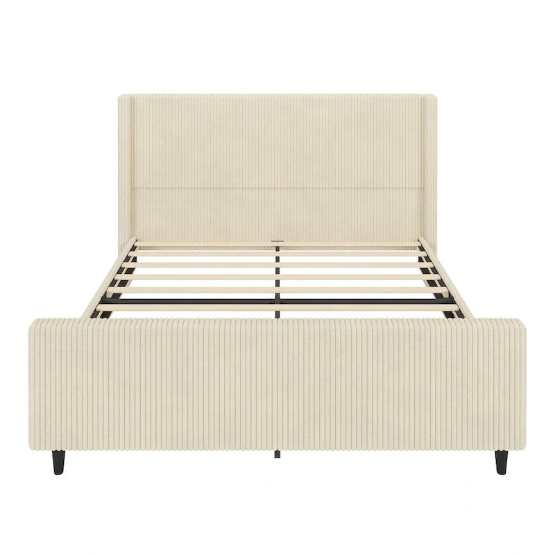 Corduroy Upholstered Bed Wingback Frame with Vertical Stripe Headboard, Footboard, Low-Profile Platform Bed, Sleigh Panel Bed