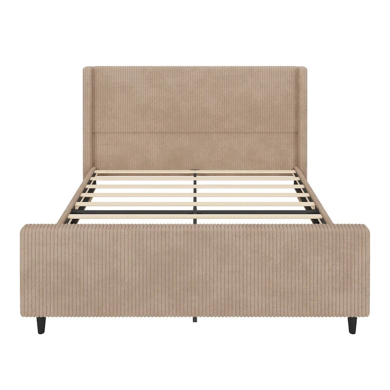 Corduroy Upholstered Bed Wingback Frame with Vertical Stripe Headboard, Footboard, Low-Profile Platform Bed, Sleigh Panel Bed
