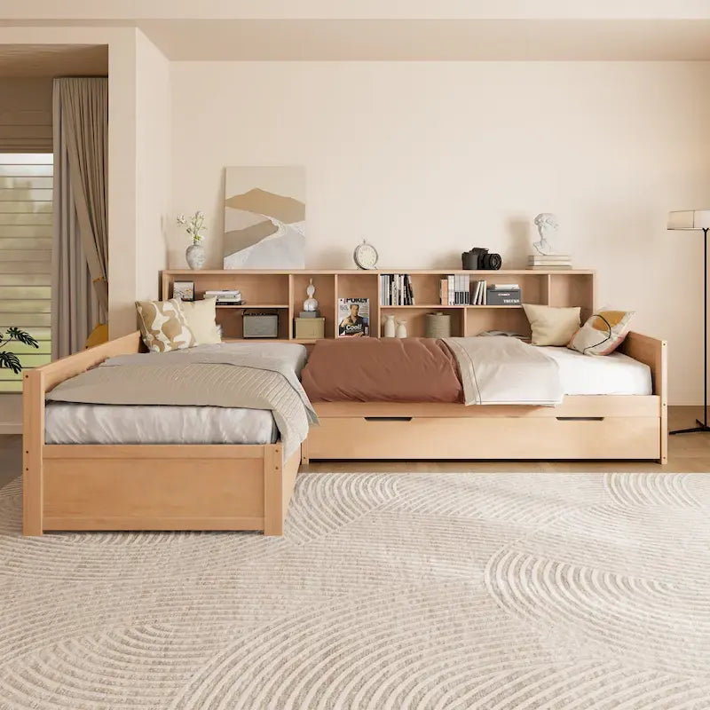 L Shaped Corner Daybed for 3 Wooden Twin Size Captains Bed with Bookcases, Under-bed Trundle Bed and Storage Drawers