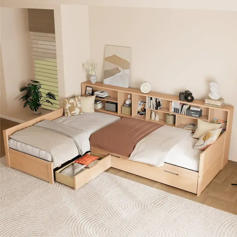 L Shaped Corner Daybed for 3 Wooden Twin Size Captains Bed with Bookcases, Under-bed Trundle Bed and Storage Drawers