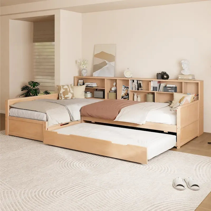 L Shaped Corner Daybed for 3 Wooden Twin Size Captains Bed with Bookcases, Under-bed Trundle Bed and Storage Drawers