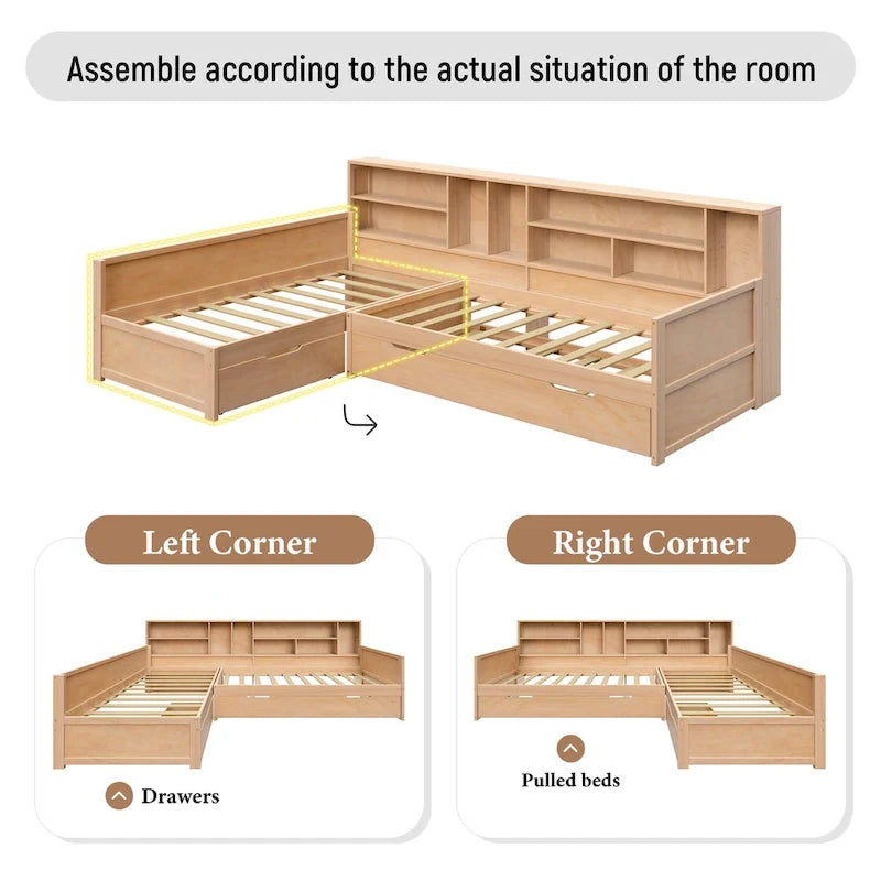 L Shaped Corner Daybed for 3 Wooden Twin Size Captains Bed with Bookcases, Under-bed Trundle Bed and Storage Drawers