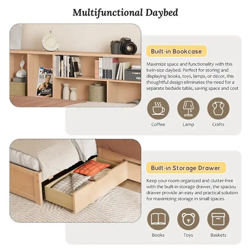 L Shaped Corner Daybed for 3 Wooden Twin Size Captains Bed with Bookcases, Under-bed Trundle Bed and Storage Drawers