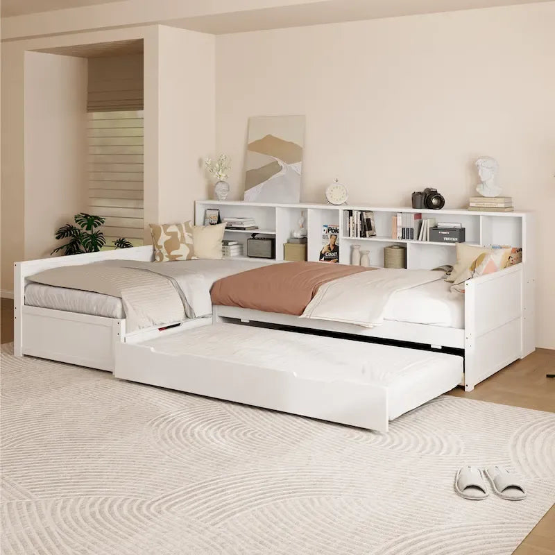 L Shaped Corner Daybed for 3 Wooden Twin Size Captains Bed with Bookcases, Under-bed Trundle Bed and Storage Drawers