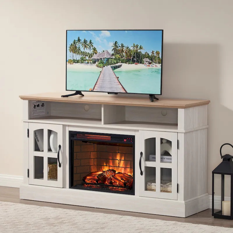 Modern Simple TV Stand with 2 Storage Cabinets and Electric Fireplace for Living Room Home Theater and Bedroom