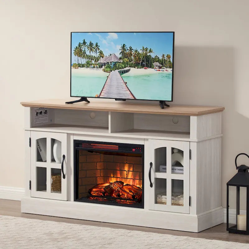 Modern Simple TV Stand with 2 Storage Cabinets and Electric Fireplace for Living Room Home Theater and Bedroom