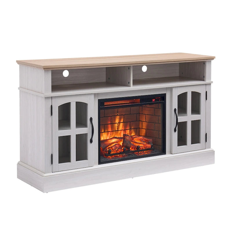 Modern Simple TV Stand with 2 Storage Cabinets and Electric Fireplace for Living Room Home Theater and Bedroom