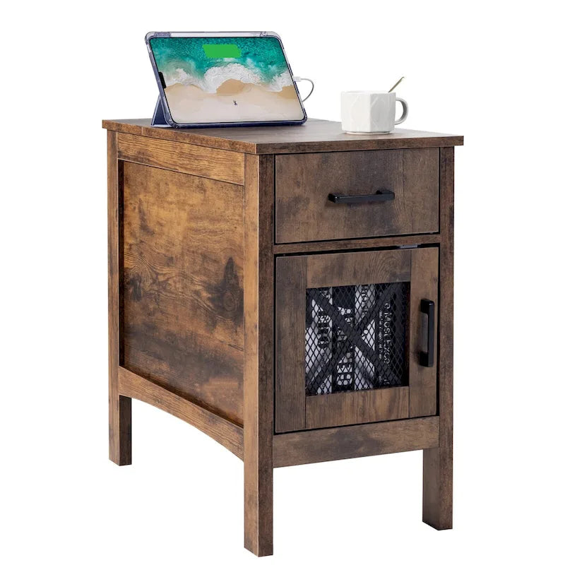 Natural Wood Particle Board End Table with Drawer and Power Strip - 23.98 L x 14.02 W x 24.02 H