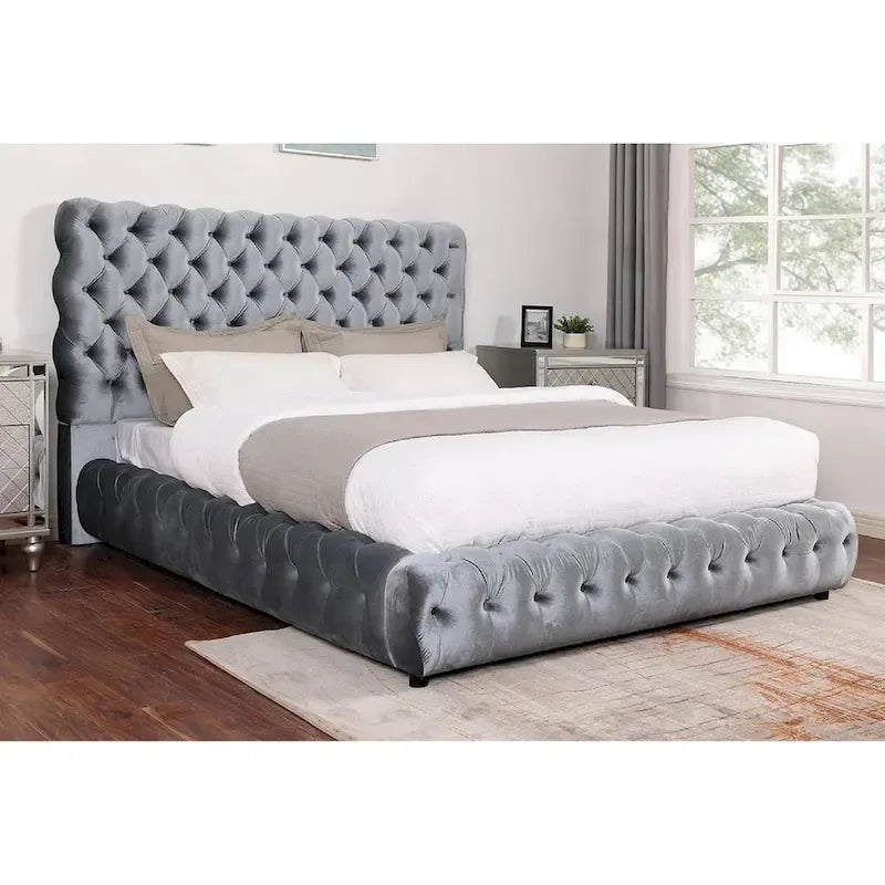 1pc Contemporary Upholstered King Bed Tufted Headboard and Footboard Bedroom Furniture Gray