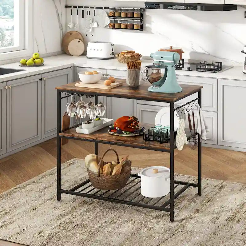 Gymax Kitchen Island 3-Tier Prep Table with Wine Glass Holders Large