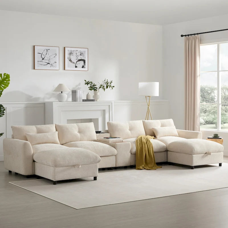 142 Modular U Shaped Sectional Sofa with Storage Ottomans and Console