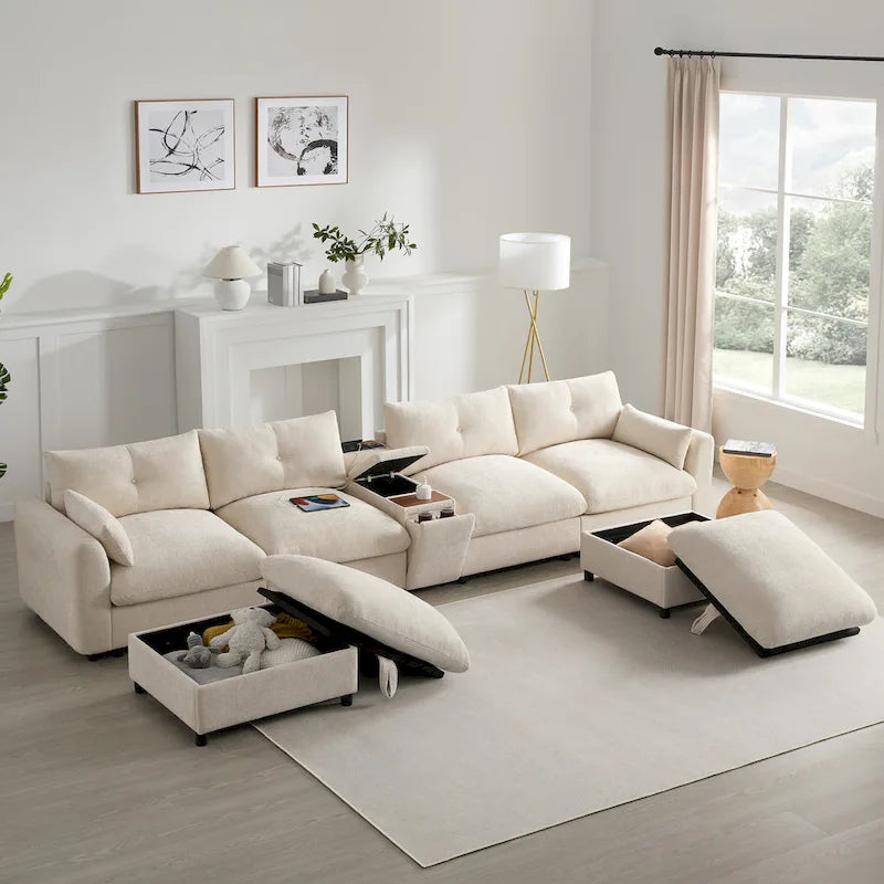 142 Modular U Shaped Sectional Sofa with Storage Ottomans and Console