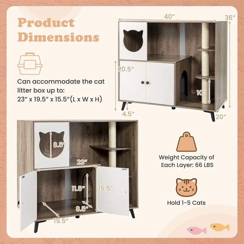 Gymax Cat Litter Box Enclosure 5-in-1 Enlarged Cat Litter Cabinet