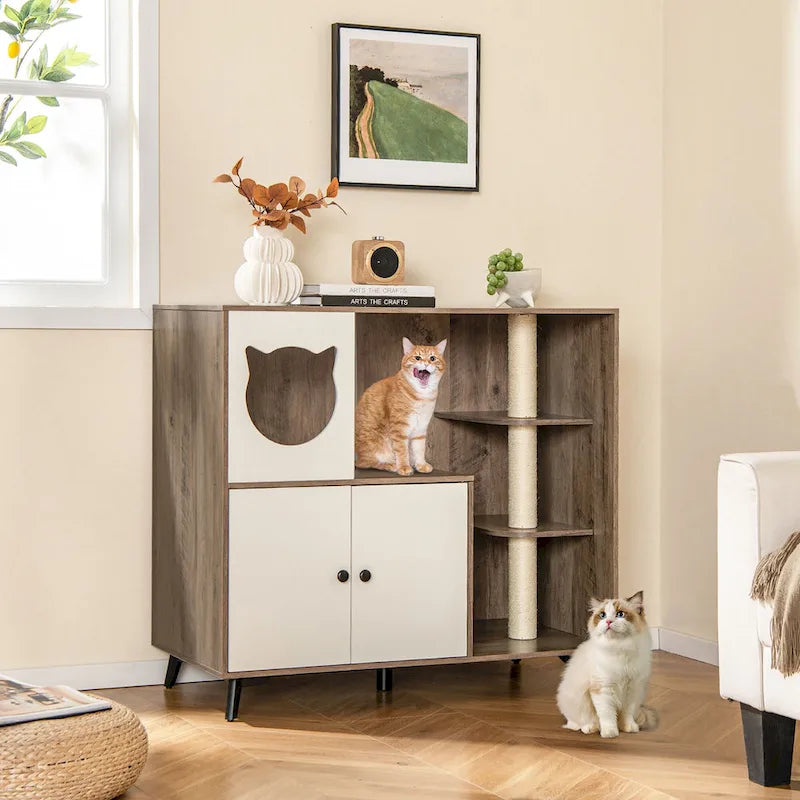 Gymax Cat Litter Box Enclosure 5-in-1 Enlarged Cat Litter Cabinet