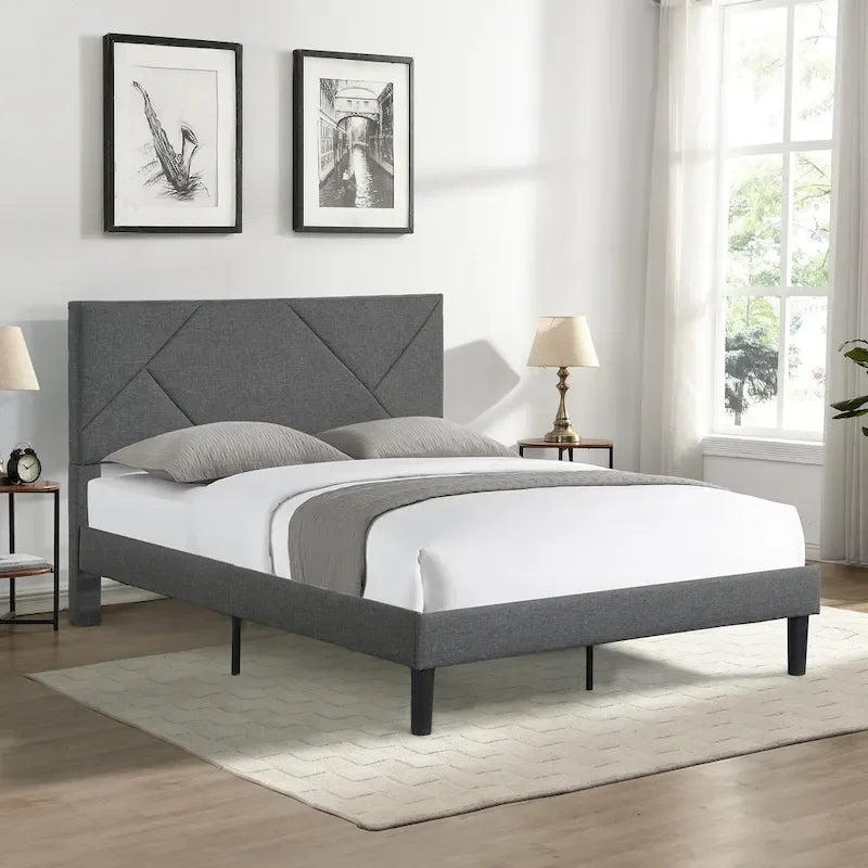 Queen Size Upholstered Platform Bed with Wood Slat Support for Bedroom