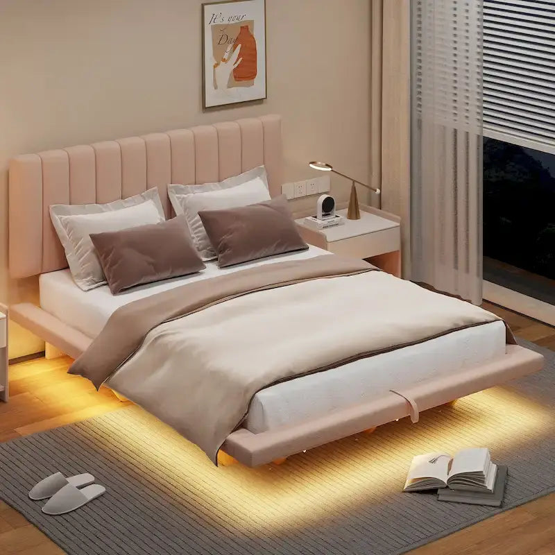 Queen Size Floating Bed with LED Light and USB