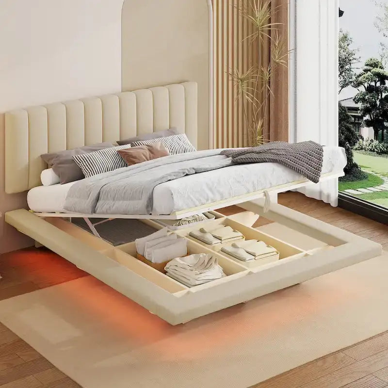 Queen Size Floating Bed with LED Light and USB