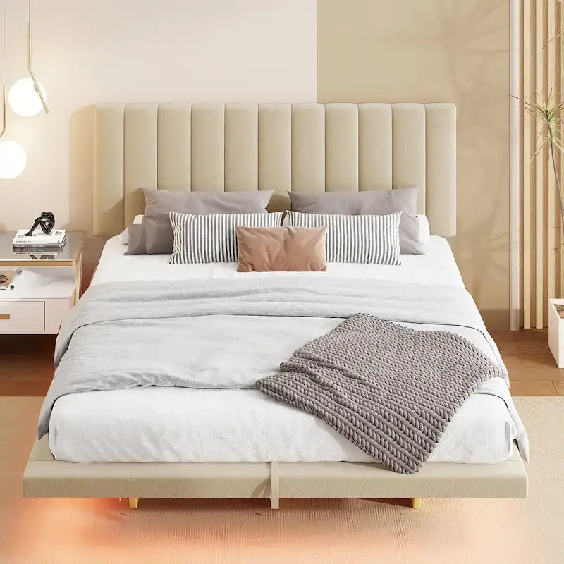 Queen Size Floating Bed with LED Light and USB