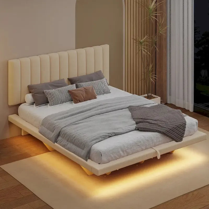 Queen Size Floating Bed with LED Light and USB